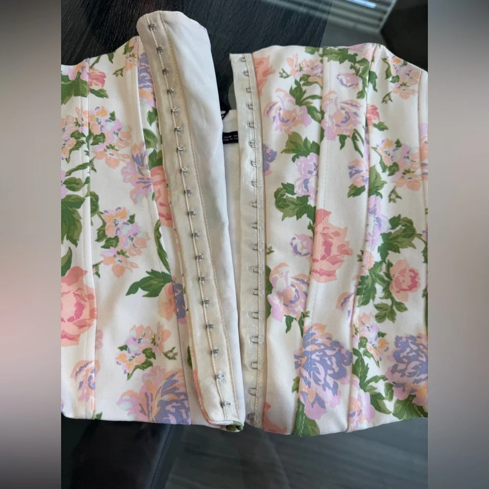 Zara Floral Strapless Corset Top in Pink with Green Accents - Picture 10 of 16